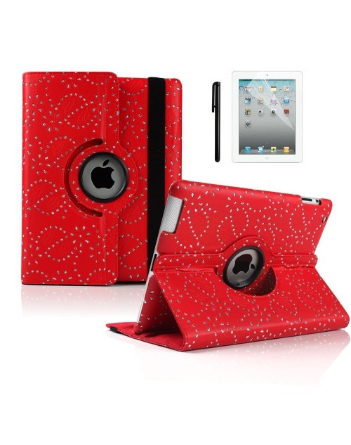 Apple iPad Pro 12.9" 360 Rotating Glitter,Diamond,Sparkling,Bling Pu Leather Case Cover with Adjustable Viewing Stand Free Stylus-Red